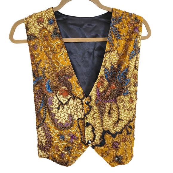 VTG Kenar Womens Gold Beaded Bird Floral Pattern Vest Size Small Tie Waistcoat - Picture 1 of 15